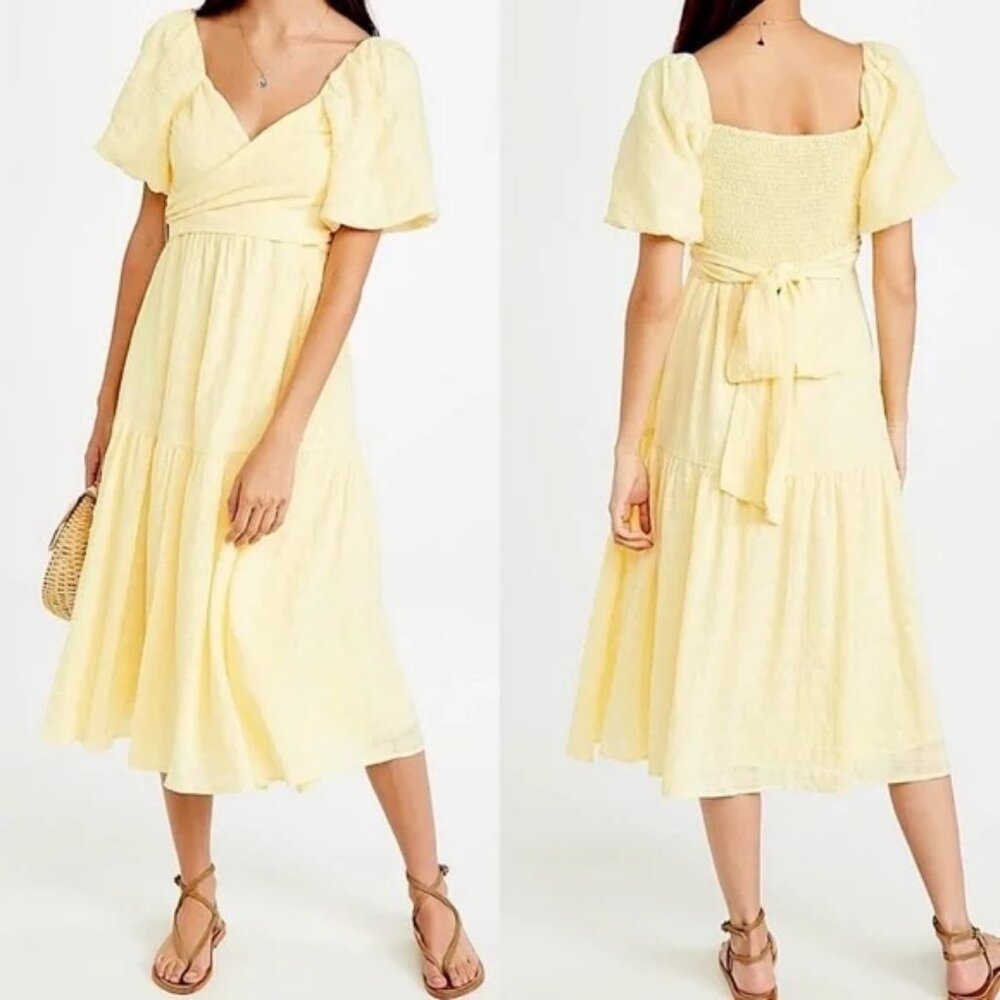ASTR THE LABEL - Sonnet Puff Sleeve Midi Dress in Pastel Yellow. Size Medium.